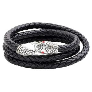Bracelet Serpent Acier Inoxydable Cuir Noir Pierres Rouges — Serpent Univers